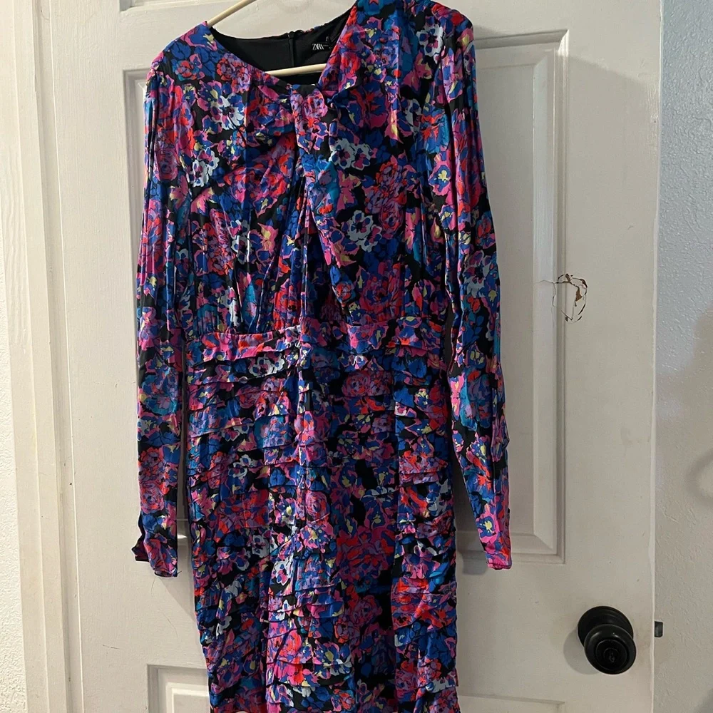 Zara Vibrant Floral Long Sleeve Dress - Blue and Pink - Picture 1 of 2